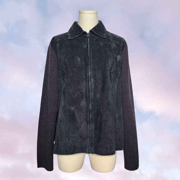Y2k High Sierra Black Suede Leather Knitted Zip Up Collared Goth Jacket Sz XL - Picture 1 of 8